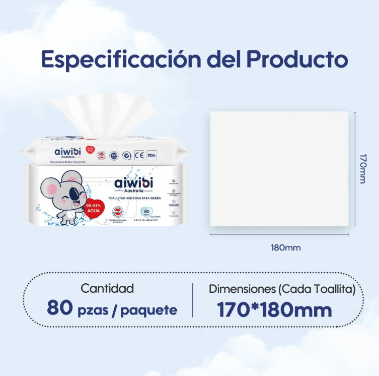Pack 3 paquetes de Toallitas Húmedas para bebés 99,91% de agua (240 unidades)