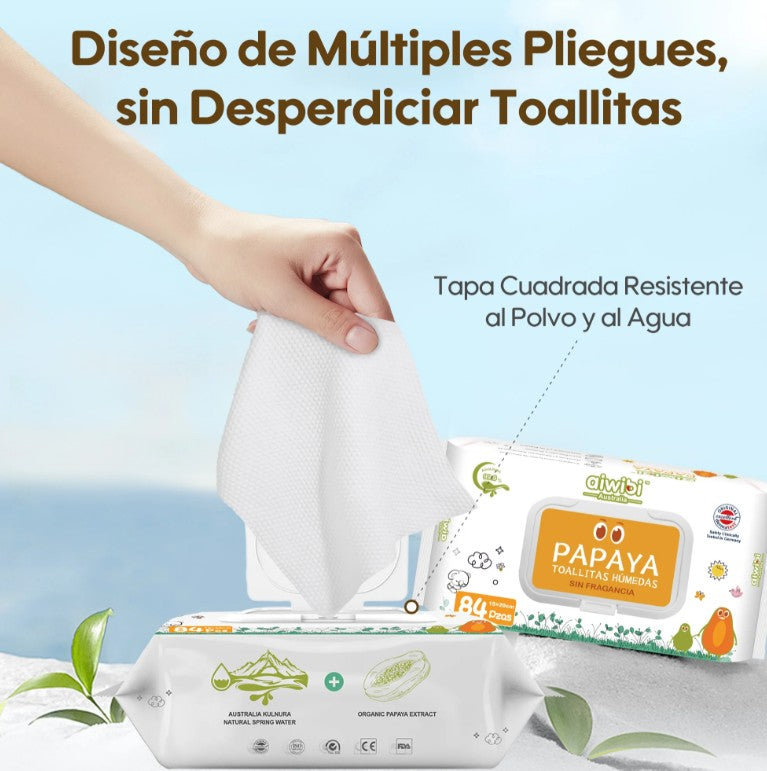 Pack 3 paquetes de Toallitas Húmedas para bebés de Papaya con agua de Manantial (252 unidades)