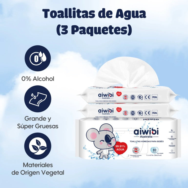 Pack 3 paquetes de Toallitas Húmedas para bebés 99,91% de agua (240 unidades)